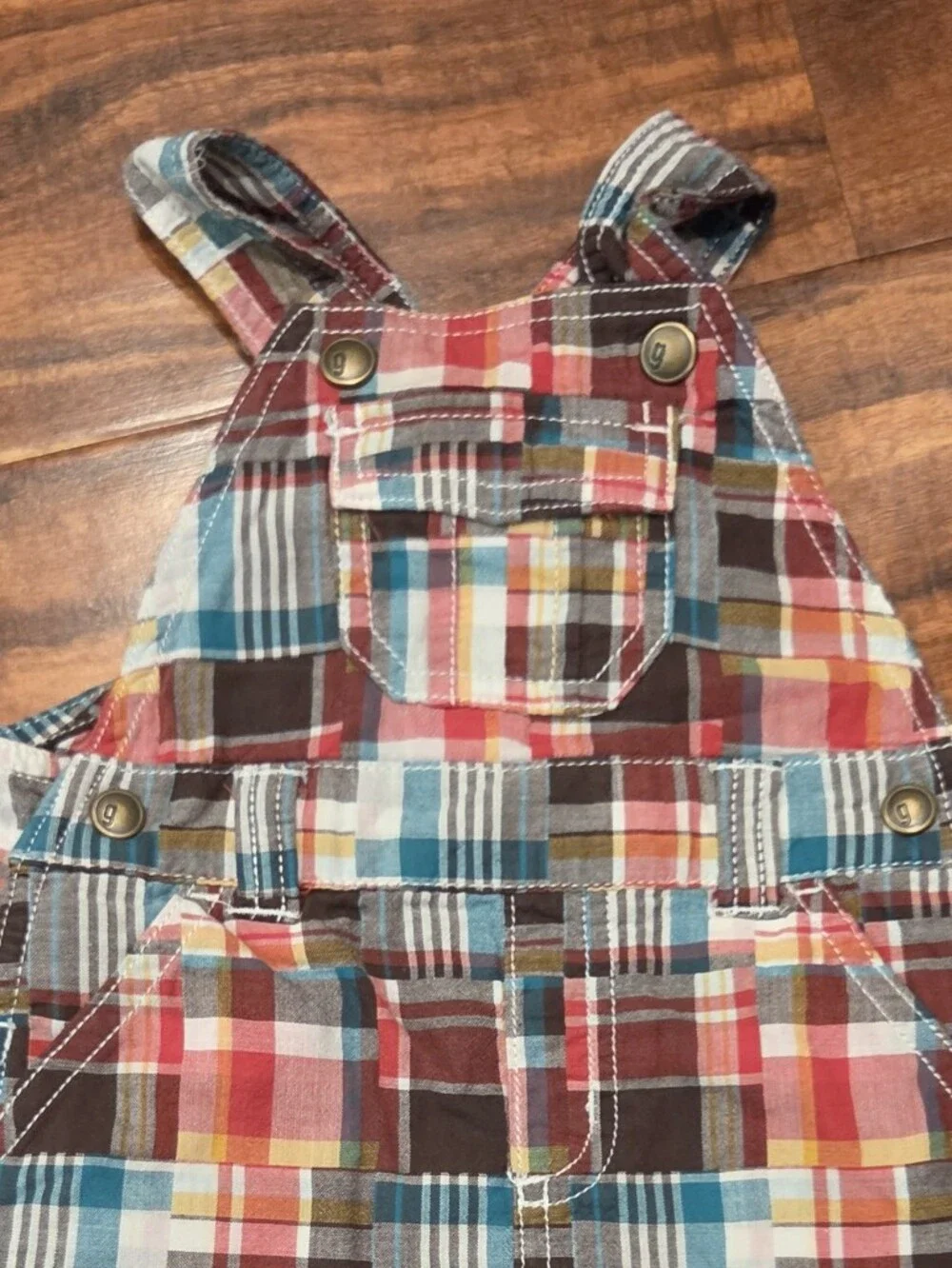 Gymboree 3-6 Months Plaid Patchwork Shortalls with Brown Polo Top Set